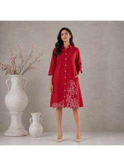 Spring Soul - Red Cotton Floral Embroidered Shirt Dress with Pockets