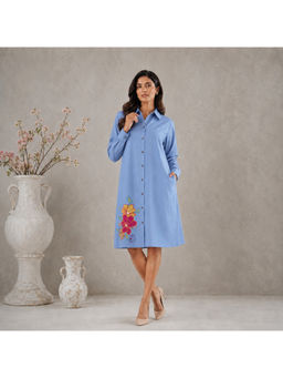 Spring Soul - Blue Cotton Floral Applique Shirt Dress with Pockets