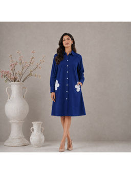Spring Soul - Royal Blue Cotton Shirt Dress with White Flower Applique and Pockets