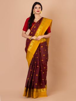 LAA CALCUTTA - Maroon and Mustard Pure Cotton Tant Saree