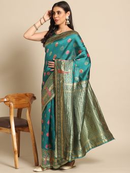Akhilam - Womens Silk Blend Teal Woven Design Celebrity Saree with Unstitched Blouse