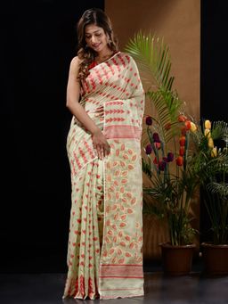 CHARUKRITI - Pistachio Green Handwoven Saree with Geometric Design & Foliage Pattern