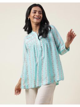 Fabindia - Turquoise Rayon Blend Pintucks Top with Slip (Set of 2)