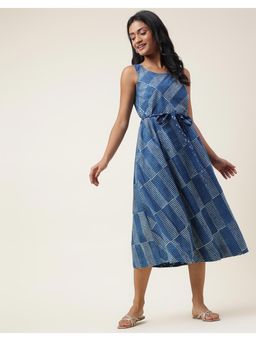 Fabindia - Navy Blue Cotton Hand Block Printed Slim Fit Midi Dress (Set of 2)