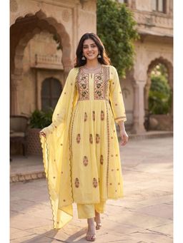 WOOMN - Yellow Cotton Silli Floral Embroidered Kurta, Pant, Dupatta Set