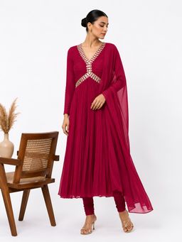 LABEL MAE - Ruby Wine Embellished Anarkali with Churidar and Dupatta