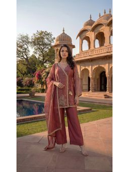 WOOMN - Rust Swiss Tissue Paisley Embroidery Angrakha with Pant and Dupatta