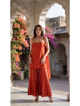 WOOMN - Rust Russian Silk Solid with Embellished Motif Kurta with Palazzo and Dupatta