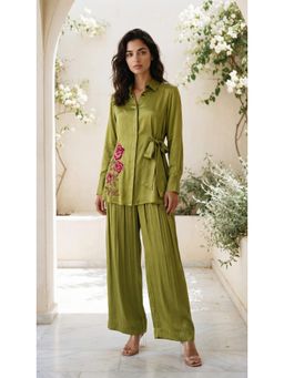 WOOMN - Green Modal Satin Floral Embroidered Motif Co-Ord Set