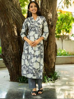 Atha Fashion - Grey Blossom Straight Kurta with Pant