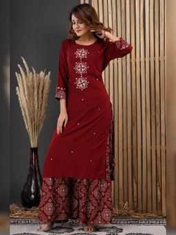 Atha Fashion - Maroon Bandhani Twirl Kurta with Palazzo