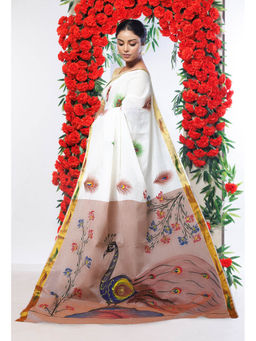 Unnati Silks - Pale Brown Pure Brush Painted Kerala Kasavu Cotton Saree with Unstitched Blouse