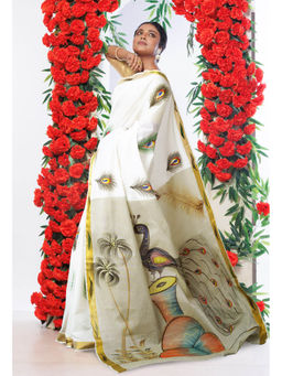 Unnati Silks - Pale Olive Pure Brush Painted Kerala Kasavu Cotton Saree with Unstitched Blouse