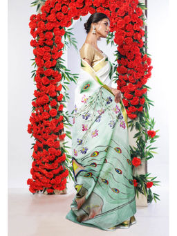 Unnati Silks - Pale Green Pure Brush Painted Kerala Kasavu Cotton Saree with Unstitched Blouse