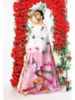 Unnati Silks - Baby Pink Pure Brush Painted Kerala Kasavu Cotton Saree with Unstitched Blouse