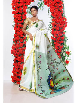 Unnati Silks - Pale Green Pure Brush Painted Kerala Kasavu Cotton Saree with Unstitched Blouse