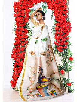 Unnati Silks - Beige Pure Brush Painted Kerala Kasavu Cotton Saree with Unstitched Blouse