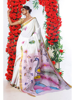 Unnati Silks - Baby Pink Pure Brush Painted Kerala Kasavu Cotton Saree with Unstitched Blouse