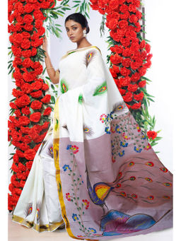 Unnati Silks - Pale Purple Pure Brush Painted Kerala Kasavu Cotton Saree with Unstitched Blouse