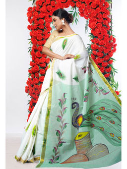 Unnati Silks - Mint Green Pure Brush Painted Kerala Kasavu Cotton Saree with Unstitched Blouse