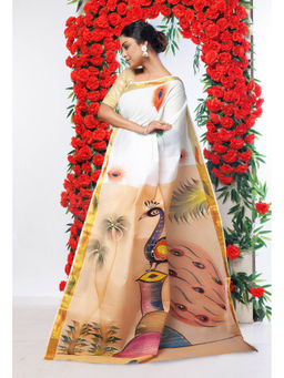 Unnati Silks - Pastel Orange Pure Brush Painted Kerala Kasavu Cotton Saree with Unstitched Blouse