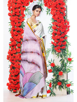 Unnati Silks - Pale Purple Pure Brush Painted Kerala Kasavu Cotton Saree with Unstitched Blouse