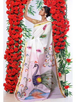 Unnati Silks - Baby Pink Pure Brush Painted Kerala Kasavu Cotton Saree with Unstitched Blouse