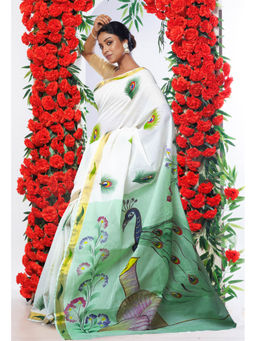 Unnati Silks - Mint Green Pure Brush Painted Kerala Kasavu Cotton Saree with Unstitched Blouse