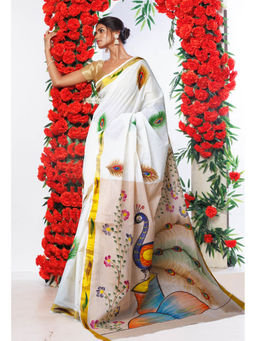 Unnati Silks - Beige Pure Brush Painted Kerala Kasavu Cotton Saree with Unstitched Blouse