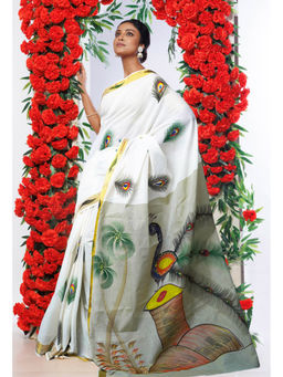 Unnati Silks - Pale Olive Pure Brush Painted Kerala Kasavu Cotton Saree with Unstitched Blouse