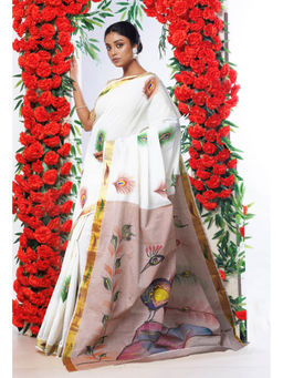 Unnati Silks - Pale Brown Pure Brush Painted Kerala Kasavu Cotton Saree with Unstitched Blouse