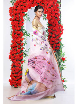 Unnati Silks - Baby Pink Pure Brush Painted Kerala Kasavu Cotton Saree with Unstitched Blouse