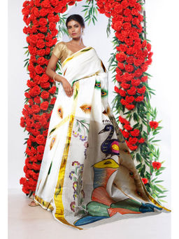 Unnati Silks - Pale Grey Pure Brush Painted Kerala Kasavu Cotton Saree with Unstitched Blouse