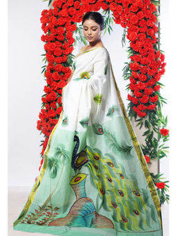 Unnati Silks - Mint Green Pure Brush Painted Kerala Kasavu Cotton Saree with Unstitched Blouse