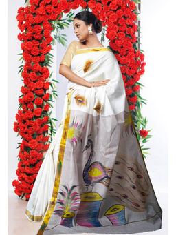 Unnati Silks - Grey Pure Brush Painted Kerala Kasavu Cotton Saree with Unstitched Blouse