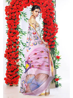 Unnati Silks - Baby Pink Pure Brush Painted Kerala Kasavu Cotton Saree with Unstitched Blouse