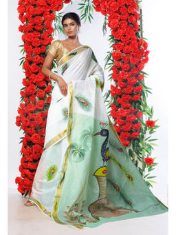 Unnati Silks - Mint Green Pure Brush Painted Kerala Kasavu Cotton Saree with Unstitched Blouse