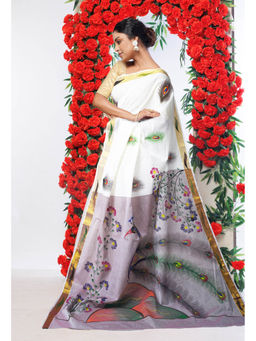 Unnati Silks - Pale Purple Pure Brush Painted Kerala Kasavu Cotton Saree with Unstitched Blouse