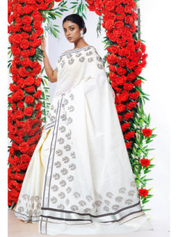 Unnati Silks - White Pure Digital Block Printed Kerala Kasavu Cotton Saree with Unstitched Blouse