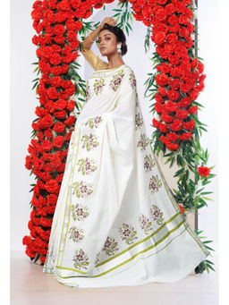 Unnati Silks - White Pure Digital Block Printed Kerala Kasavu Cotton Saree with Unstitched Blouse