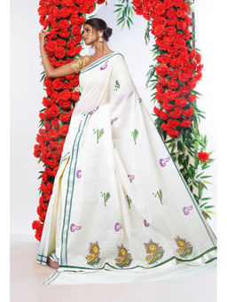 Unnati Silks - White Pure Digital Block Printed Kerala Kasavu Cotton Saree with Unstitched Blouse