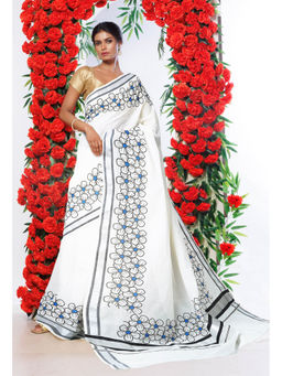Unnati Silks - White Pure Digital Block Printed Kerala Kasavu Cotton Saree with Unstitched Blouse