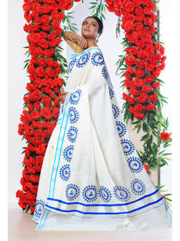 Unnati Silks - White Pure Digital Block Printed Kerala Kasavu Cotton Saree with Unstitched Blouse