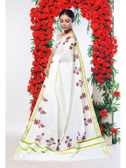 Unnati Silks - White Pure Digital Block Printed Kerala Kasavu Cotton Saree with Unstitched Blouse