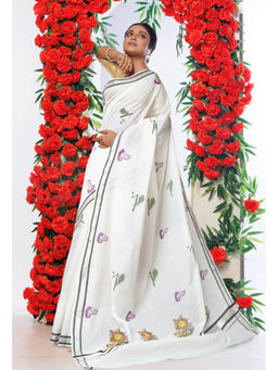 Unnati Silks - White Pure Digital Block Printed Kerala Kasavu Cotton Saree with Unstitched Blouse