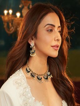 Accessher - Gold Plated Studded Two Side Necklace Set with Delicate Dangle Earrings