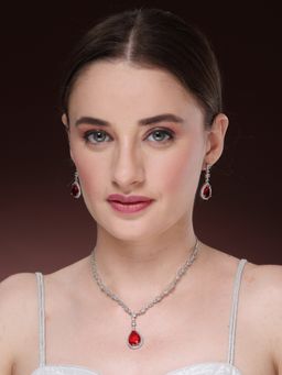 NVR - Womens Silver-Plated Red American Diamond-Studded Handcrafted Jewellery Set