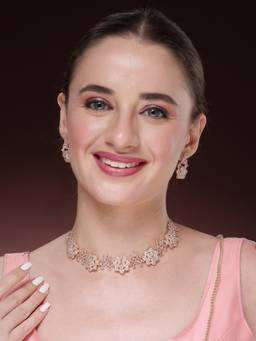 NVR - Womens Rose Gold-Plated American Diamond-Studded Handcrafted Jewellery Set