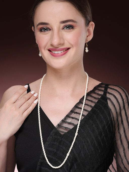NVR Womens White Pearl Gold-Plated Long Necklace with Earrings