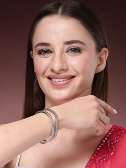 NVR - Womens Silver-Plated American Diamond Studded Bangles (Set of 2)